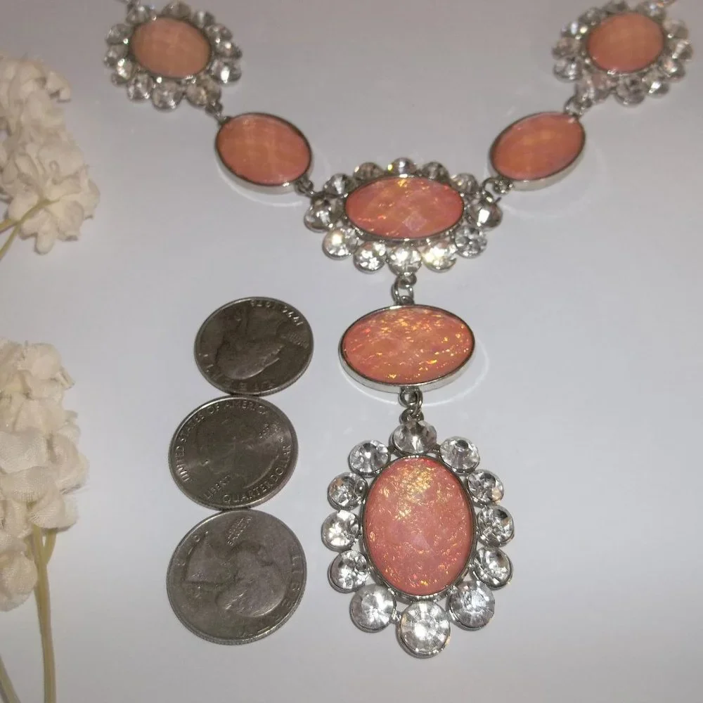 Pre-owned Statement Necklace Orange Peach and Silver White Rhinestones Big A206_4